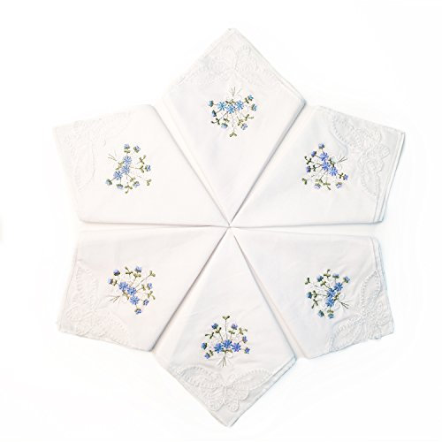 LULUSILK 6 Damen Stoff Taschentücher 100% Baumwolle mit Blau Blumen Stickereien und Spitze Schmetterling Kante