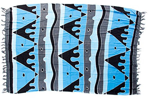 Kascha Sarong Pareo Wickelrock Strandtuch Tuch Wickeltuch Handtuch - Blickdicht - ca. 170cm x 110cm - Blau Grau Schwarz mit geometrischen Motiv Handgefertigt inkl. Kokos Schnalle in Rauteform