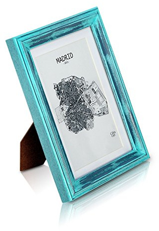 Antic by Casa Chic Solid Wood Shabby Chic Photo Frame 5x7 inch Frame Glass Front With Picture Mount for 6x4 inch Photo 1 Frame 2 Centimetre Edge Width Distressed Turquoise and Silver