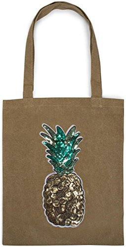 styleBREAKER Einkaufstasche mit Pailletten Ananas Applikation, Tragetasche, Canvas Stofftasche, Tasche, Unisex 02012215, Farbe:Khaki