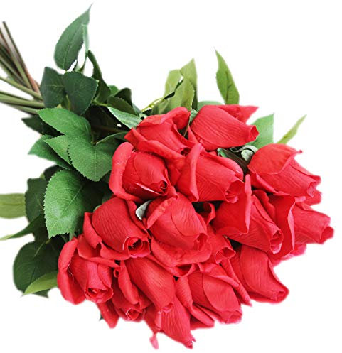 cn-Knight 12pcs Künstliche Rose Blumen,56m Seidenblume mit Blättern and Gel-beschichtete Blütenblätter,für Hochzeit,Brautstrauß,Heimdekoration,Einweihungsgeschenk,Mittelstück,Rot