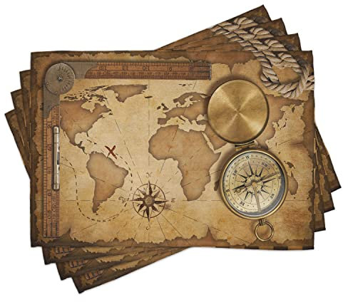 ABAKUHAUS mappa tovagliette, invecchiato Vintage Treasure Card righello corda Vecchia bussola antica avventura scoperta pranzo Cucina Decorazione Della Tavola stampa digitale caramello