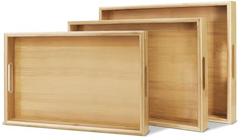 Flexzion Bamboo Trays for Serving Food - 3 Pack Bamboo Wooden Serving Trays with Handles - Rectangular Bamboo Food Tray Set (Large, Medium, Small) for Breakfast, Lunch, Dinner, Snack, Party, Bed