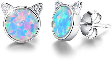 ✦Muttertagsgeschenke für Mama✦ Winglove Ohrringe Silber 925 Opal Katze Ohrstecker Nette Katze mit Naturstein Ohrringe Schmuck Damen Kleine Geschenke für Kinder.(White Gold-Blue Opal)