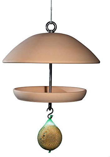 Vogelhaus zum Aufhängen aus wetterfester Keramik und Edelstahl - Wildvogel Futterhaus + XXL Meisenknödel (Terracotta)
