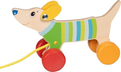 goki 54878 Ziehtier Hund aus Holz, Nachzieh-Spielzeug mit Dackelmotiv, Lernspielzeug inklusive Schnur, Babyspielzeug fördert Koordination und Motorik, 16cm x 6cm x 10cm, ab 1 Jahr
