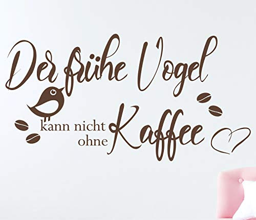 timalo® Wandtattoo Kaffee Spruch Küche – Kaffebohnen - Der frühe Vogel | 75034-Kupfer-G-100x52