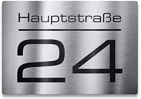 Metzler Edelstahl Hausnummer - Hausnummernschild mit Gravur Straßenname, Name und Wunsch-Nummer - V2A Edelstahl - UV-beständig - Größe: 215 x 150 mm