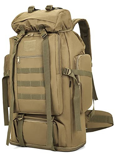 KXBUNQD Wasserdichter Camping-Wanderrucksack, 70L/100L, Molle-Rucksack, großer Tagesrucksack für Reisen, Khaki, Large, Sportlich