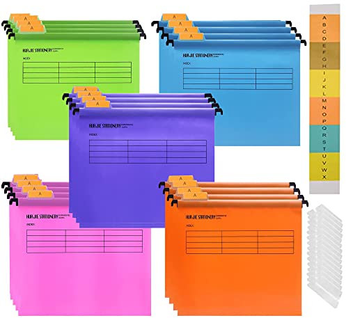 Hängemappen A4, 20 Stück Polypropylen Aktenschrank Hängemappen mit Tabs und Karteneinlagen für Schule Zuhause Arbeit Büro, mit Reitern, zum Aufhängen von Ordnern, Abheftung, Aufbewahrungsmappen