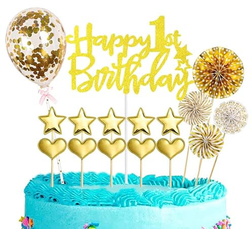 16Pcs Happy 1st Birthday Cake Topper Gold for Baby Boy & Girl, Glitter Personalised Cake Toppers Kit