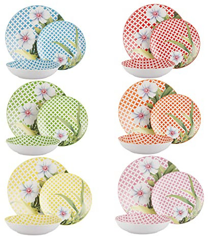KASANOVA piatti 6 persone Geoflora - Set 18 piatti porcellana con decoro colori assortiti