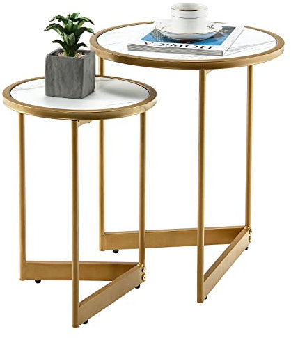 COSTWAY Lot de 2 Tables Gigognes Rondes, Tables Basses Modernes de 40 cm et 30 cm avec Dessus de Table en Marbre et Structure en Acier Doré, avec Base en Forme de V, pour Chambre et Salon, Blanc