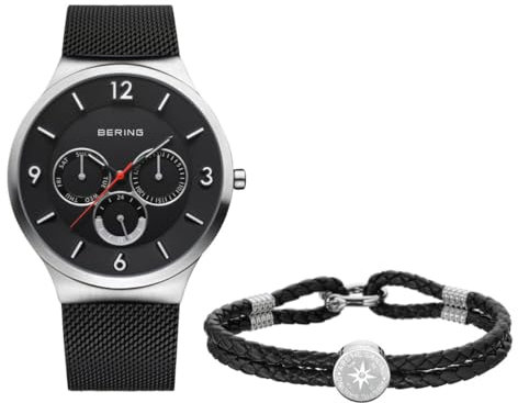BERING Herren Set Analog Quarz Armbanduhr aus der Classic Collection und ein schwarzes Armband aus Kalbsleder 33441-102-GWP