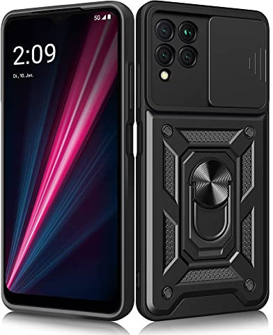 Ermorgen Handyhülle für Telekom T Phone Pro Hülle mit Ring/T-Mobile Revvl 6 Pro[Kameraschutz] Objektivschieberabdeckung Anti-Peeping 360 Grad magnetischer Auto-Halter Militärhülle - Schwarz