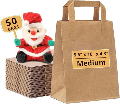 Paper Bags with Handles – 50 Medium Brown Paper Bags (W8.6 x H10” x D4.3) SOS Kraft Bags – Perfect for Lunch, Party, Gift, Storage, Packaging, Grocery, Takeaway, Shopping, Sandwich, Cakes