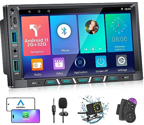 【2G+32GB】 Radio Coche 2 DIN Android con Apple Carplay y Android Auto, 7 Pulgadas Radio Coche Bluetooth con Camara Maecha Atras, Autoradio Bluetooth con GPS/WiFi/FM/USB/AUX/TF/Type-c.