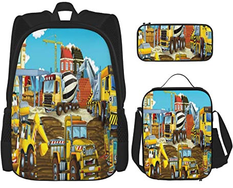 3-teiliges Set Rucksäcke Cartoon Szene mit verschiedenen Baustelle Fahrzeuge Buch Tasche Reise Camping Arbeit Schule Tasche PE, farbe, 5.0cm*10.5cm*20.5cm, federmäppchen