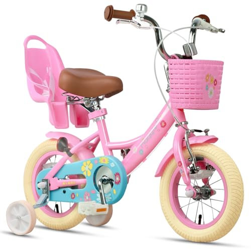 Glerc Maggie 14 Zoll Kinderfahrrad Alter 2 3 4 5 6 7 Jahre alt Mädchen Fahrrad Prinzessin Stil mit Puppen-Sitz & Korb & Stützräder & Glocke für Geburtstag, Rosa