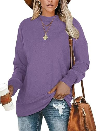 WNEEDU Donna Magliette Maniche Lunghe Felpa Donna Senza Cappuccio Girocollo Oversized Basic Casual T-Shirt Blusa Tops Viola L