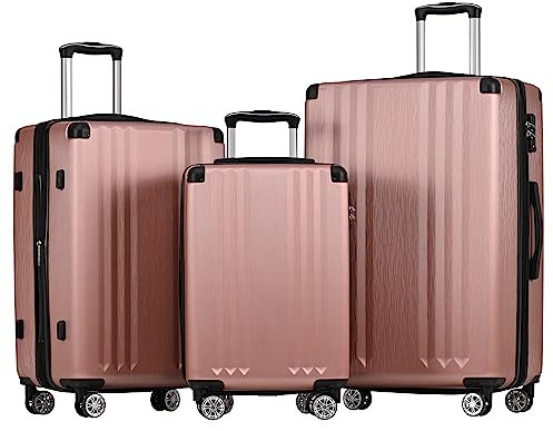 Merax Koffer Set 3-teilig, Hartschalen-Koffer Trolley Rollkoffer Reisekoffer Handgepäck, TSA Zollschloss, 4 Rollen, Teleskopgriff, ABS-Material, M-L-XL, Rosa