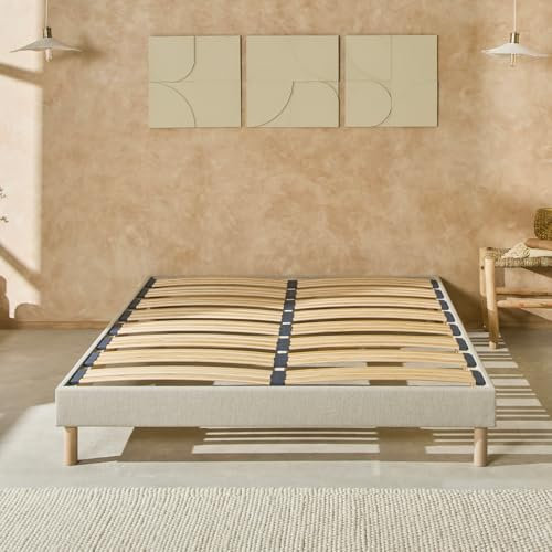 Nuit DE Coton | Sommier à Lattes en Bois avec Pieds Lino 180x200 cm Hauteur 30 cm | Cadre de lit Robuste et Elegant Coloris Beige | Montage Facile