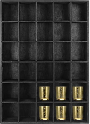 Wenqik 1 x Schnapsglas-Vitrine für die Wand, 30 Fächer, Holzschnapsglashalter, rustikales Regal, Sammlungsständer, freistehend (schwarz)
