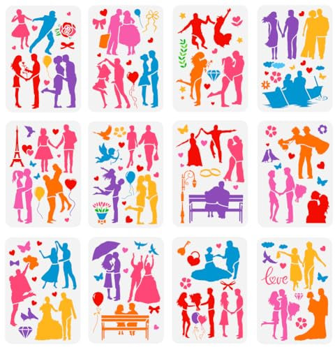 FINGERINSPIRE 12 Stück Paar Silhouette Malschablone 21x29.7 cm Wiederverwendbare Junge Mädchen Zeichenvorlage Romantische Liebe Valentinstag Dekor Schablone Zum Malen Auf Holz Wand Stoff Möbeln