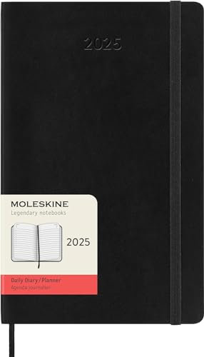 Moleskine Daily Planner, 12 Monate Tagesplaner 2025, Weicher Einband und Elastischer Verschluss, Farbe Schwarz, Großes Format 13x21 cm