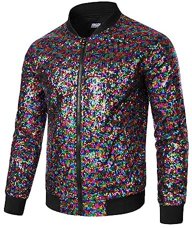 JOGAL Herren Metallic Pailletten Jacke 70er Baseball Bomberjacke Disco Nachtklub Party Kostüm Mehrfarbig Mittel
