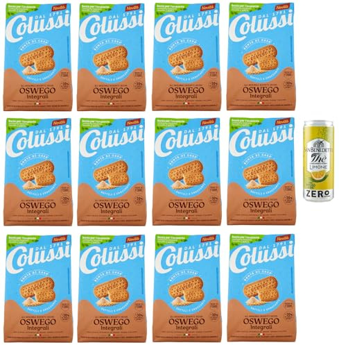 12er-Pack Colussi Biscotti Oswego Integrali,Vollkornkekse Kekse mit Braunem Zucker und Getreide Mehl,450g Beutel + 1er-Pack Kostenlos San Benedetto Eistee mit Zitrone Ohne Zucker 330ml Dose