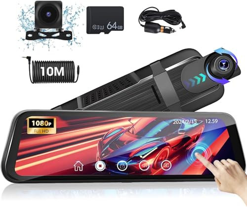 2 in 1 Front Rear 10 Full HD Touch Screen 1080p Mirror Dash Cam Car Security Reversing Camera Dashcam Van Video Recorder 170 Wide Angle Motion Detection G-Sensor Blackbox WDR Night Vision 64GB