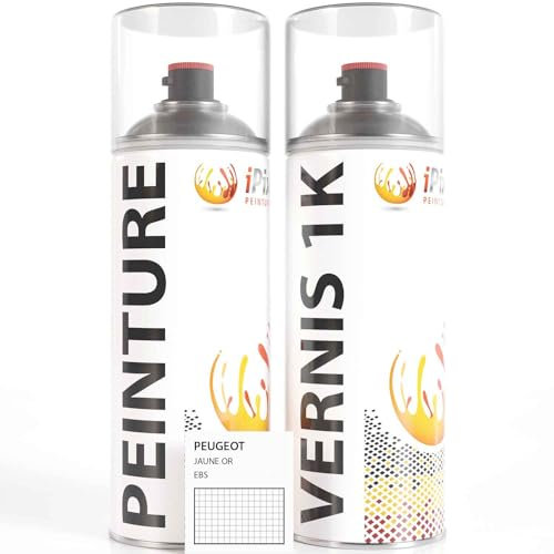 ipixline Kit Retouche Peinture Carrosserie Voiture - Bombe Aérosol Peinture Auto 400 ml, Vernis Brillant 1k 400 ml - Compatible avec Peugeot - Jaune Or EBS