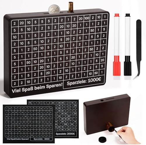 Selizo Spardose mit Zähler,Spardose Holz,Sparbox mit Zahlen Ankreuzen,Spardose zum Ankreuzen,Urlaubskasse Spardose, Sparkasse mit Sparziel,Geldsparbox €1,000 Euro Keine Montage