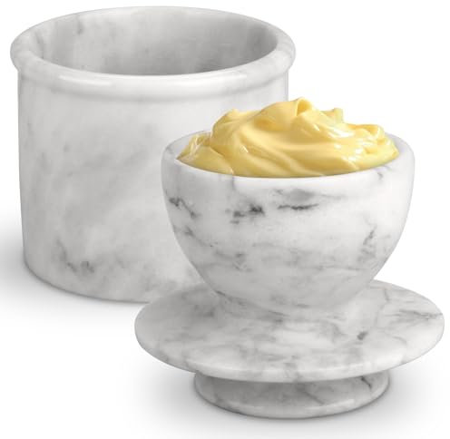 Butter Crock with Lid Marble French Butter Keeper to Leave On Counter, Butter Dish, Home and Kitchen Decor for Countertop White Grey