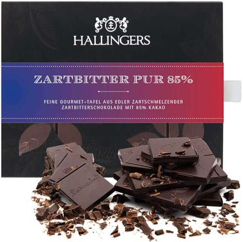 Hallingers Zartbitter Pur 85% - Vegane Schokolade Zartbitter-Edelkakao 85% pur zartschmelzend - handgemacht, alkoholfrei (Box) - Geschenkideen Weihnachten & Geschenke Adventskalender | Geburtstag Glüc