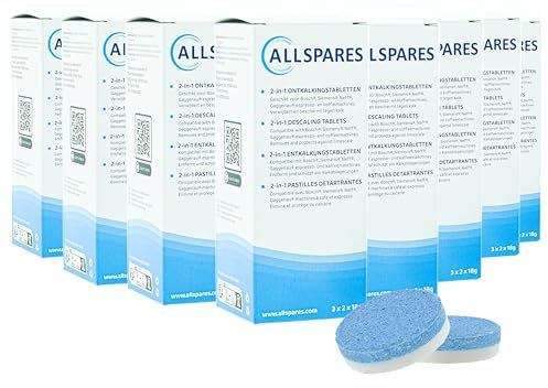 AllSpares Pastillas descalcificadoras 2 en 1 (48 x 18 g) para cafeteras Bosch 311821/311975/TCZ8002/y Siemens Neff Gaggenau 00311975 / TZ80002