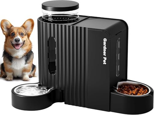 Gardner Pet 2-en-1 Distributeur Croquettes Chat Automatique 6L*2, Distributeur Eau Chat et Chien par Gravité, Mangeoire avec Gamelle Acier Inoxydable, pas d'électricité, Sans BPA, Angle Réglable, Noir