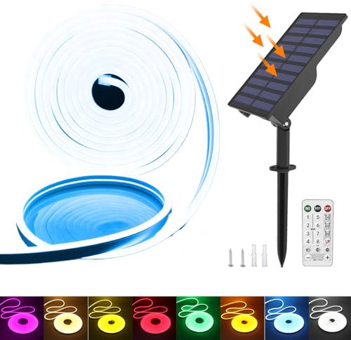 KISUFU 24V Solar Neon LED Streifen, 2835 120 LEDs/m IP65 Wasserdicht Solar Flexible Neon DIY Strip Lichtband mit 1.5W USB-Lade-Plug-in-Solarregler für Garten im Freien, Party, Hochzeitsdekoration.