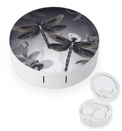YHEGBFD Spectacle Case,Dragonflies Grey Contact Lens Case,portable Contact Lens Case,contact Lens Box with Mirror