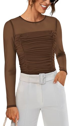 GRACE KARIN Womens Long Sleeves Stretchy Ruched Tops Crew Neck Stretchy Sheer Skim Tops Going Out Brown M