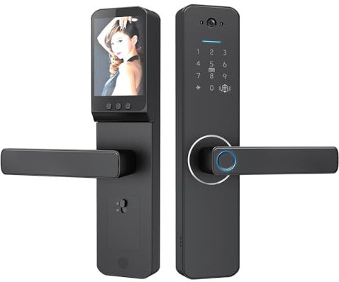 Hanzete Wafu Smart Lock with 120° Wide-angle Camera and Smart Doorbell Keyless Entry Door Lock Handle Aluminum Alloy Biometric Door Lock TY App Remote Operation WiFi Smart Lock for 35-60mm Office Home