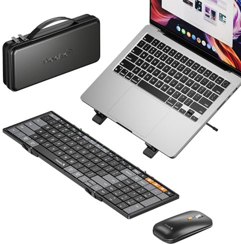 ProtoArc XKM01 CaseUp - Combo de teclado y mouse plegable con Bluetooth portátil con soporte para laptop, una solución de trabajo móvil para llevar, compatible con laptop, PC, MacBook, Windows, Mac OS
