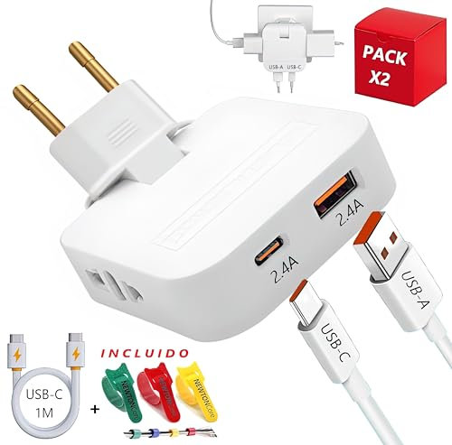 Ladron Enchufes Plano, Ladron Enchufe Plano, Cargador USB | Nueva Version, Pack X2, Ultra Delgado y abatible 180º con 2 Tomas de 250V y Puertos USB-C y USB-A | Incluye Cable USB-C 1m y Organizadores.