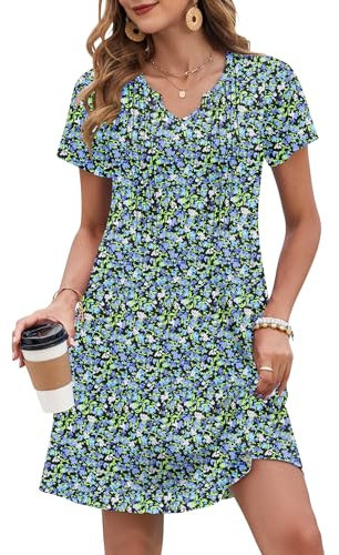 PLOKNRD Damen Sommerkleid 2025 Elegant Plissiert Freizeitkleid Gekerbter V-Ausschnitt T-Shirt Kleid Knielang mit Taschen(Blau Grün Blumen,XL