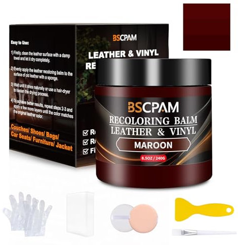 BSCPAM Kit Reparation Cuir Pourpre,Balsam pour Recoloriage Cuir,Peinture Cuir Liquide,Vinyle Teinture Cuir Réparation pour Canapés,Sièges Voiture,Chaussures,Selle,Blouson en Cuir Griffures/Taches