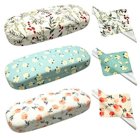 FZSECRIU 3 Stück Brillenschutzhülle, Hartschalenbrillenetui für Damen und Kinder, Retro-Blumenmuster, PU-Leder, Magnetisch oder Druckknopf, Polyester-Innenmaterial