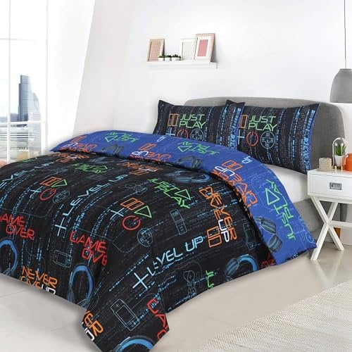 Charlotte Andersen Gaming Single Duvet Cover Set, Polly Cotton Kids Boys Gamers Bedding Reversible in Black & Blue (Black, Single)