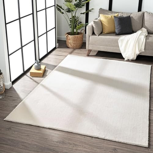 VIMODA Teppich Wohnzimmer Schlafzimmer Fellteppich, kurzflorig - waschbar und Fußbodenheizung geeignet, Farbe:Creme, Maße:160x220 cm