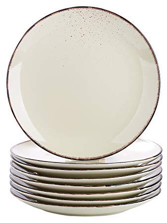 Set di 8 piatti piani rustici in gres porcellanato, stile vintage, color crema, 26,7 cm, per snack, insalata, frutta e contorni.